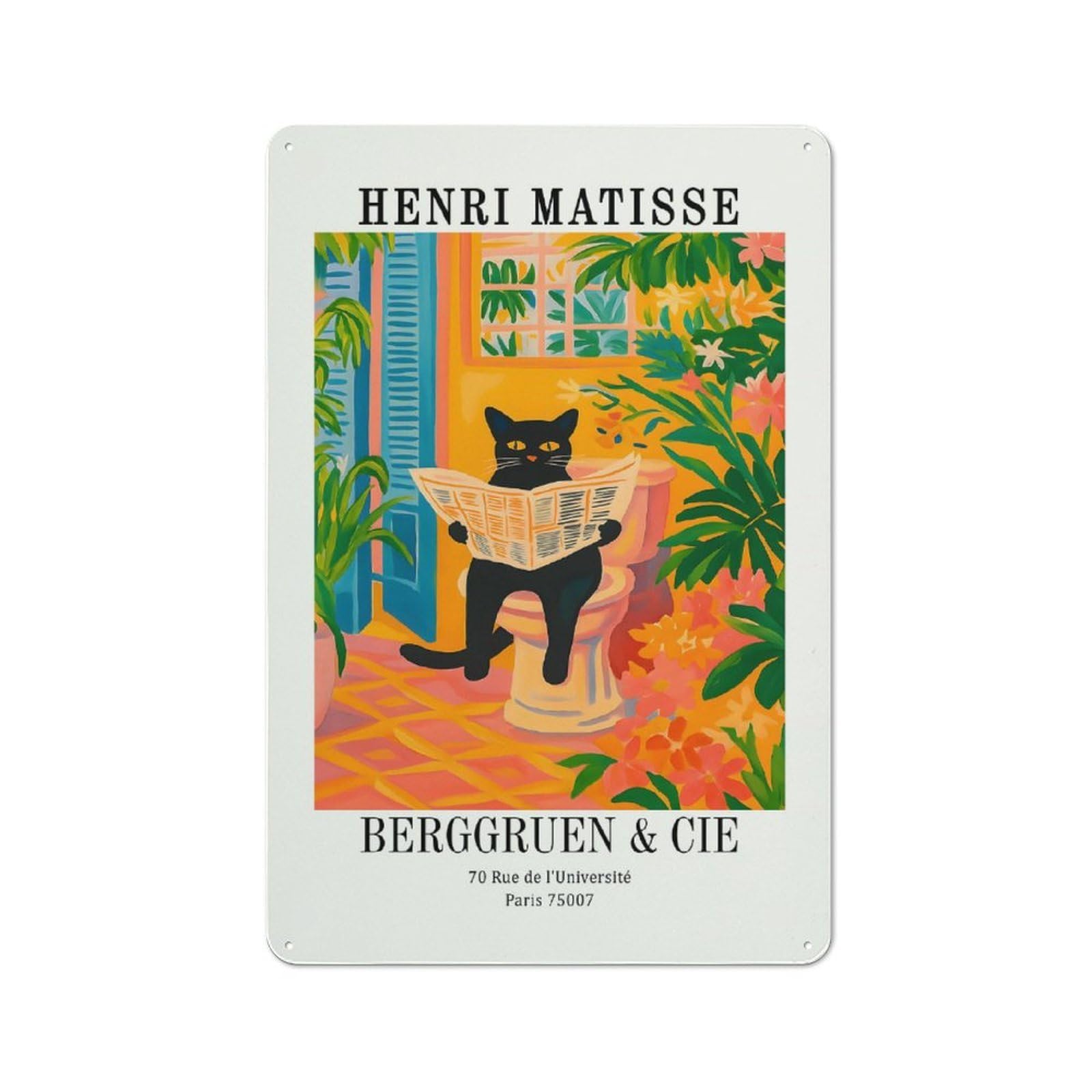 Henri Matisse Cat Reading Newspaper Tin Sign 30x20cm, Vintage Home Bar Decor for Cafe, Pub, Workshop Or Home Bar, for Relaxed Wall Styling