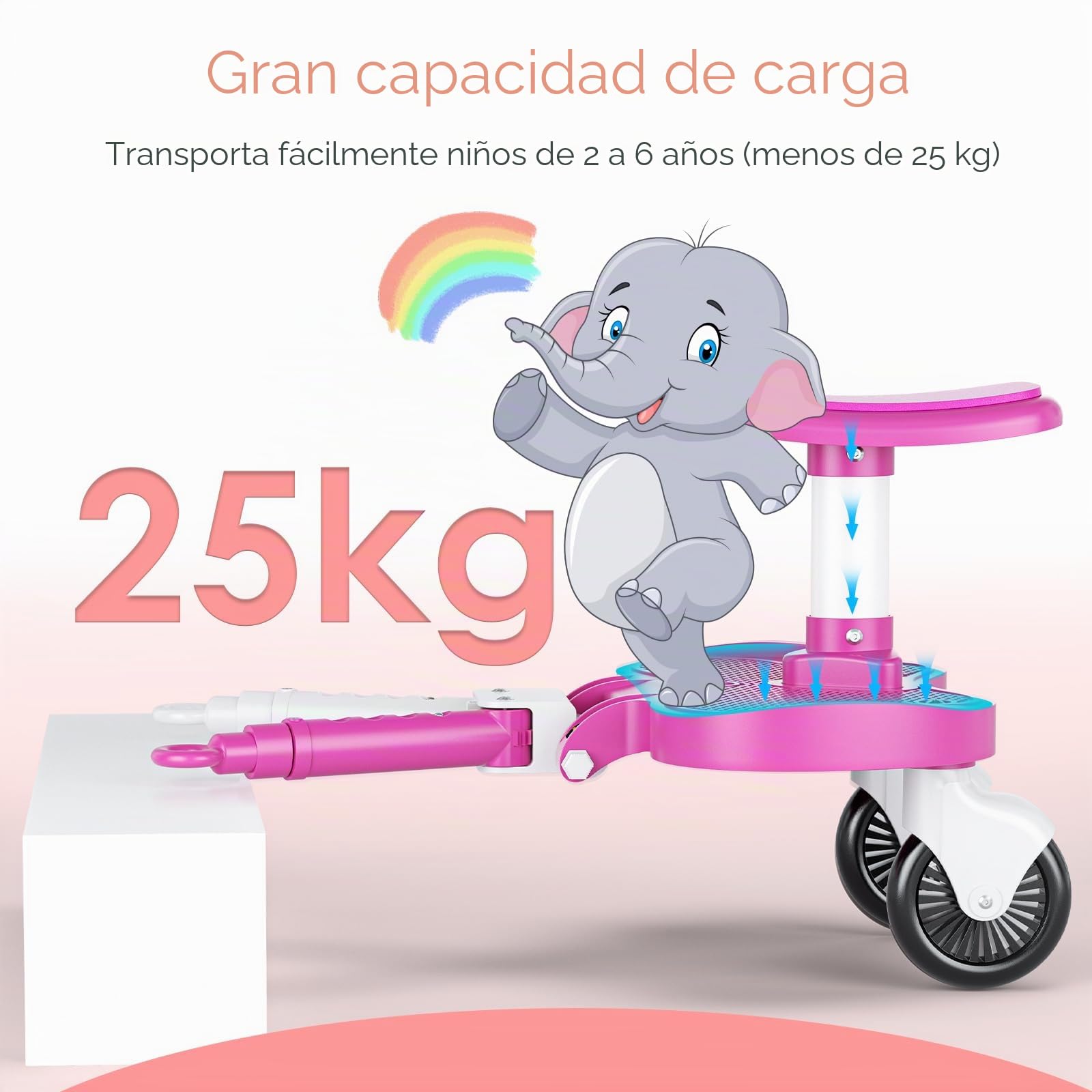 Silla de paseo rosa para todos los cochecitos, plataforma universal para niños de 2 a 6 años (25 kg), tabla infantil con asiento, tabla universal para cochecito