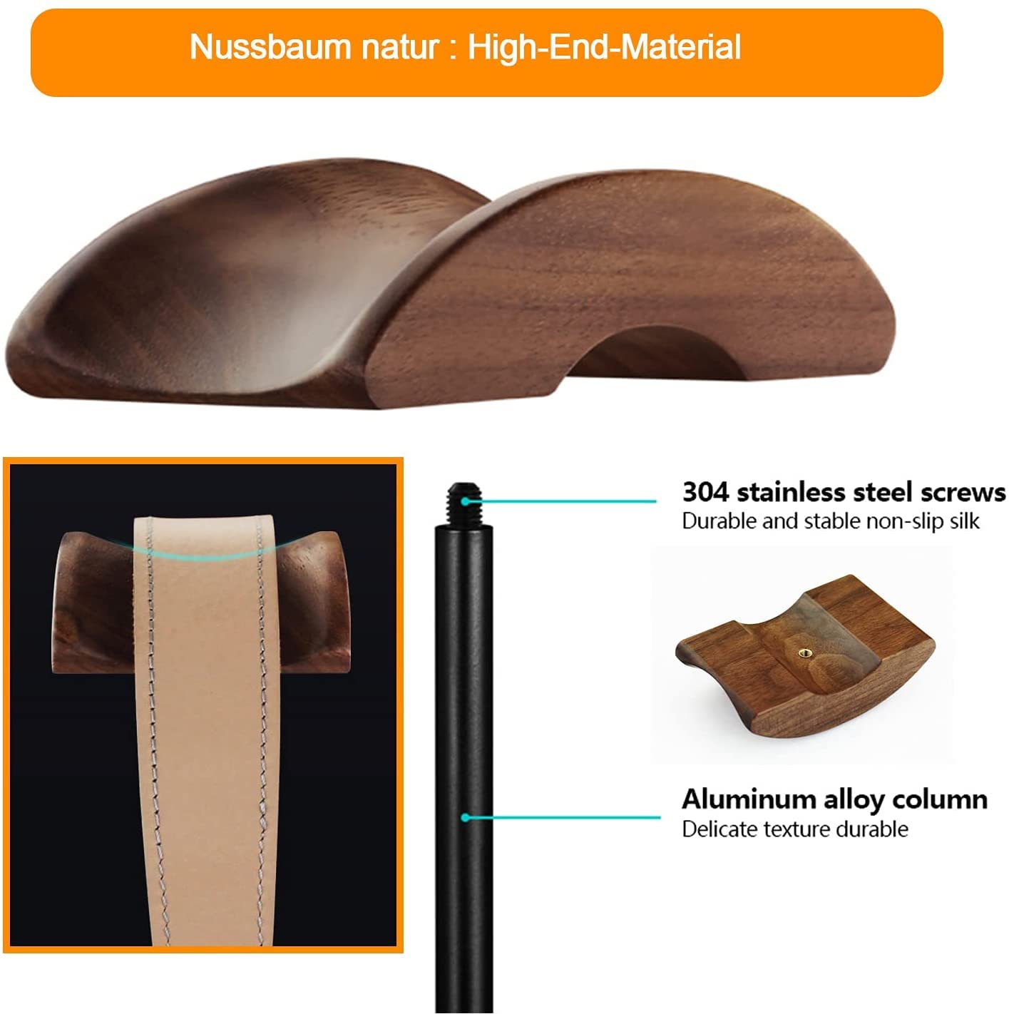 GGF Kopfhörer Ständer Headset Halterung aus Hochwertigem Walnussholz& Aluminium,Headset Ständer mit Anti-Rutsch Schwerer Basis,Kopfhörer Halter Geeignet für Tisch and Vitrine