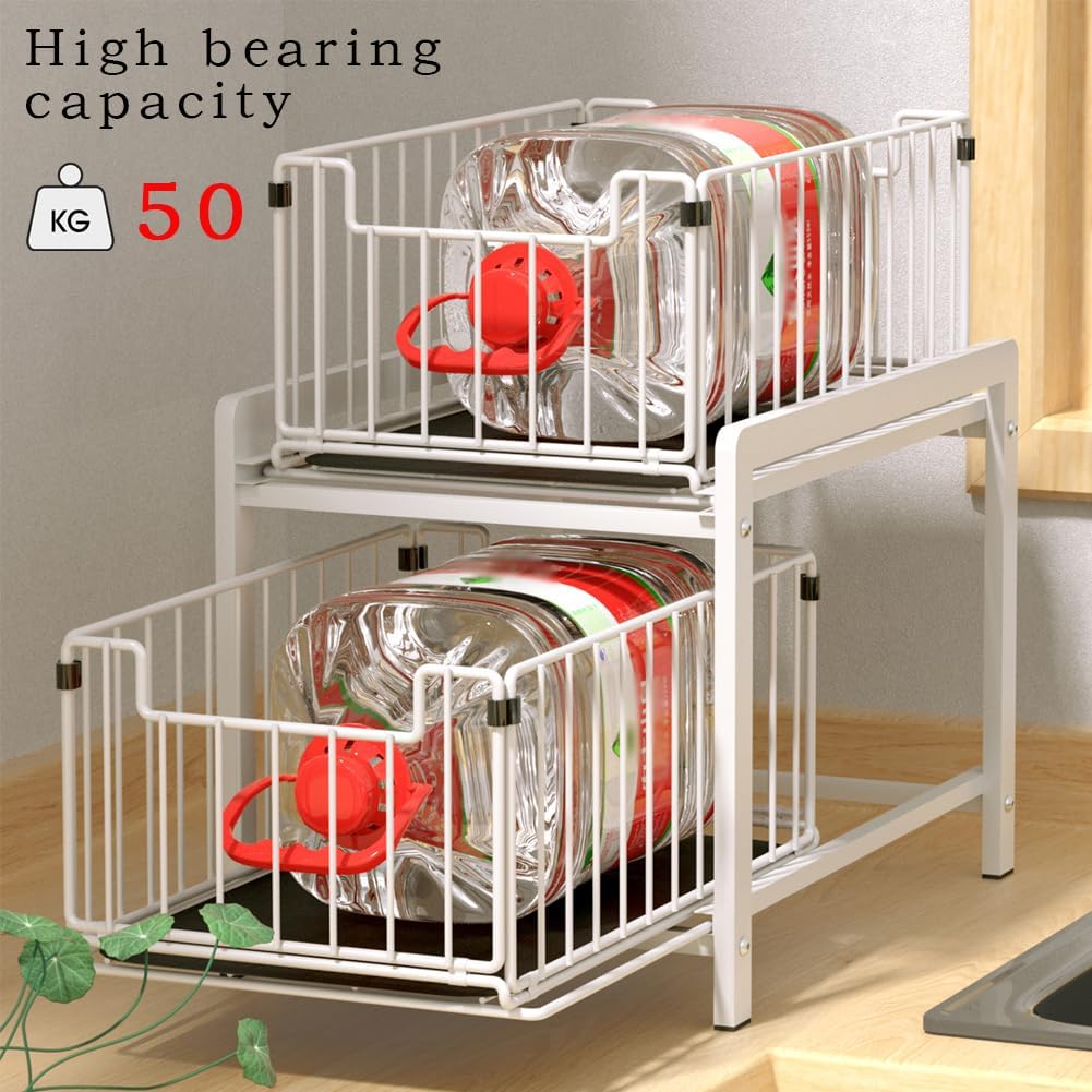 YunNasi Under Sink Storage 2-Tier Pull Out Sliding Basket for Cabinet Kitchen Cupboard Organiser Detachable Metal Storage Rack for Bathroom (Regular, WhiteWhite)
