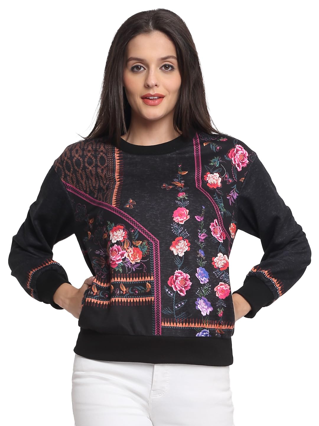 shaye Black Round Neck Floral Print Long Sleeves Sweatshirts for Women-picture-14