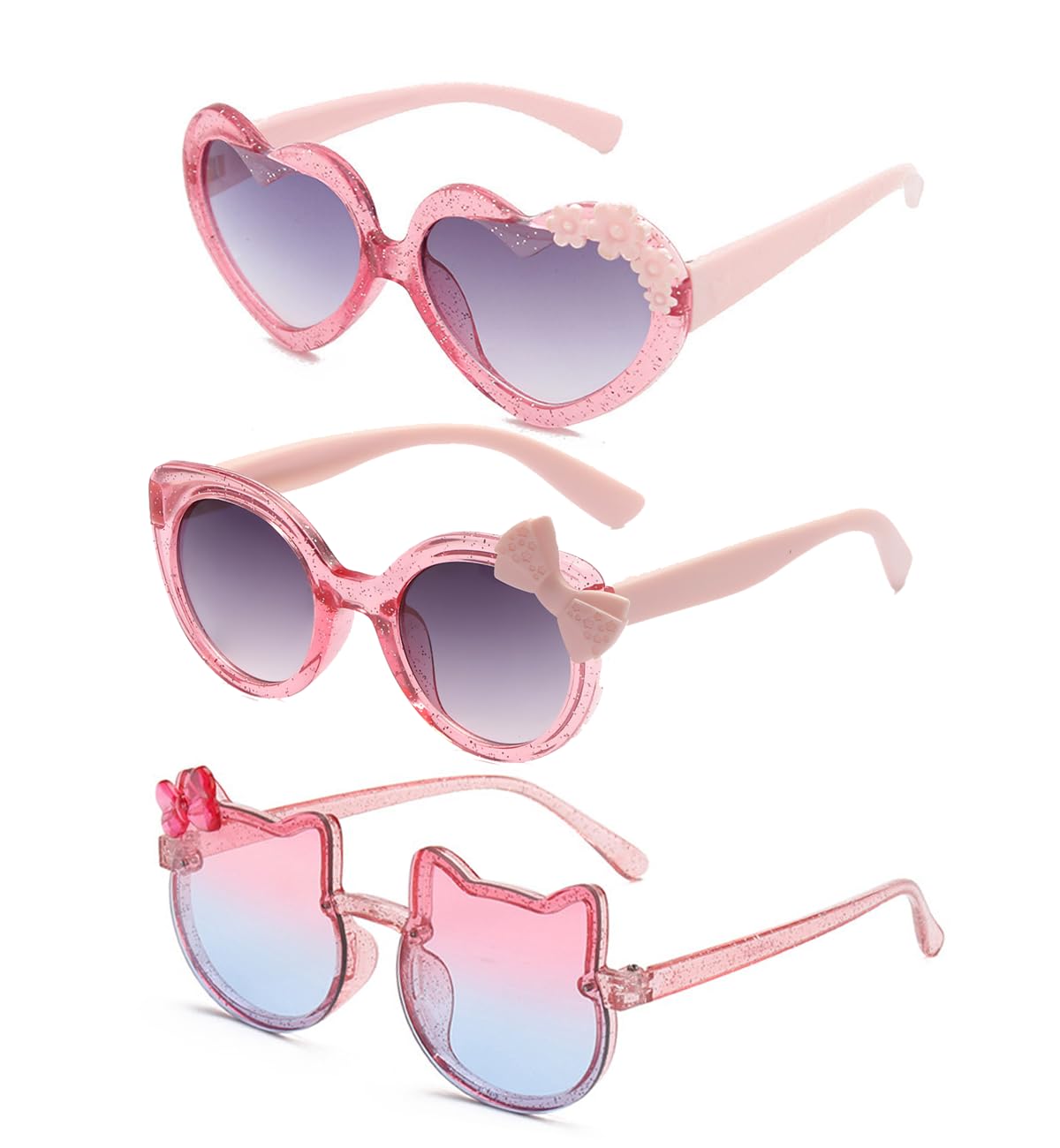 SJBNCai 3-Pairs Girls Sunglasses Kids Cute Pink Kitty Lovely Cartoon Sunglasses Aged 3-12 UV400 Protection