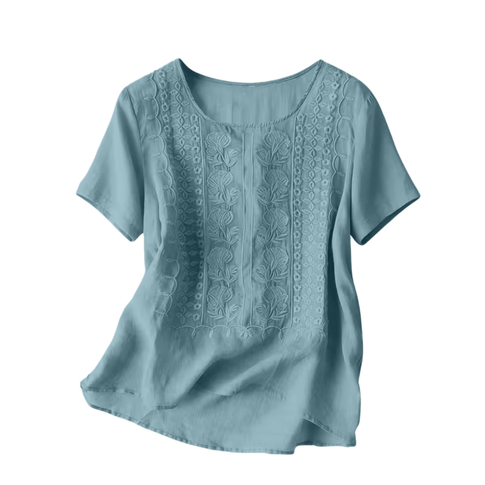 Generico Blusa Estiva Donna, Maniche Corte, Girocollo, Ricamo Traforato Decorativo per Outfit da Weekend (Azzurro 3X)