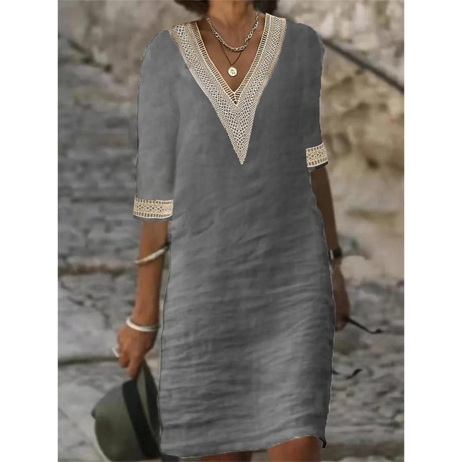 Robe Mi Longue Femme 3/4 Manches Été Col V Dentelle Épissage Droite Loose Robes Casual Pas Cher Confortable Respirant Rétro De Vacances À La Plage Grande Taille Dress