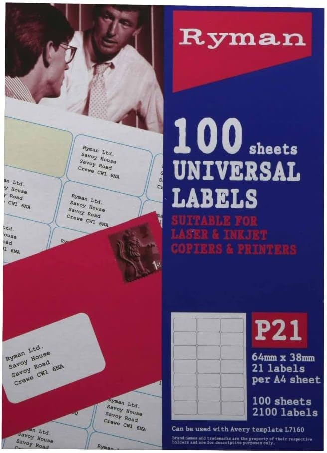Ryman Address Labels P21 Universal 64X38Mm 21 Per A4 Sheet 100 Sheets Color