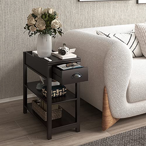 Locsear Side Table With Storage Narrow End Table With Flip Top Modern Nightstand With Drawer & Shelves Wood Bedside Table For Small Spaces,Living Room,Bedroom,Sofa Couch (Brown-1 Set) #TOP2