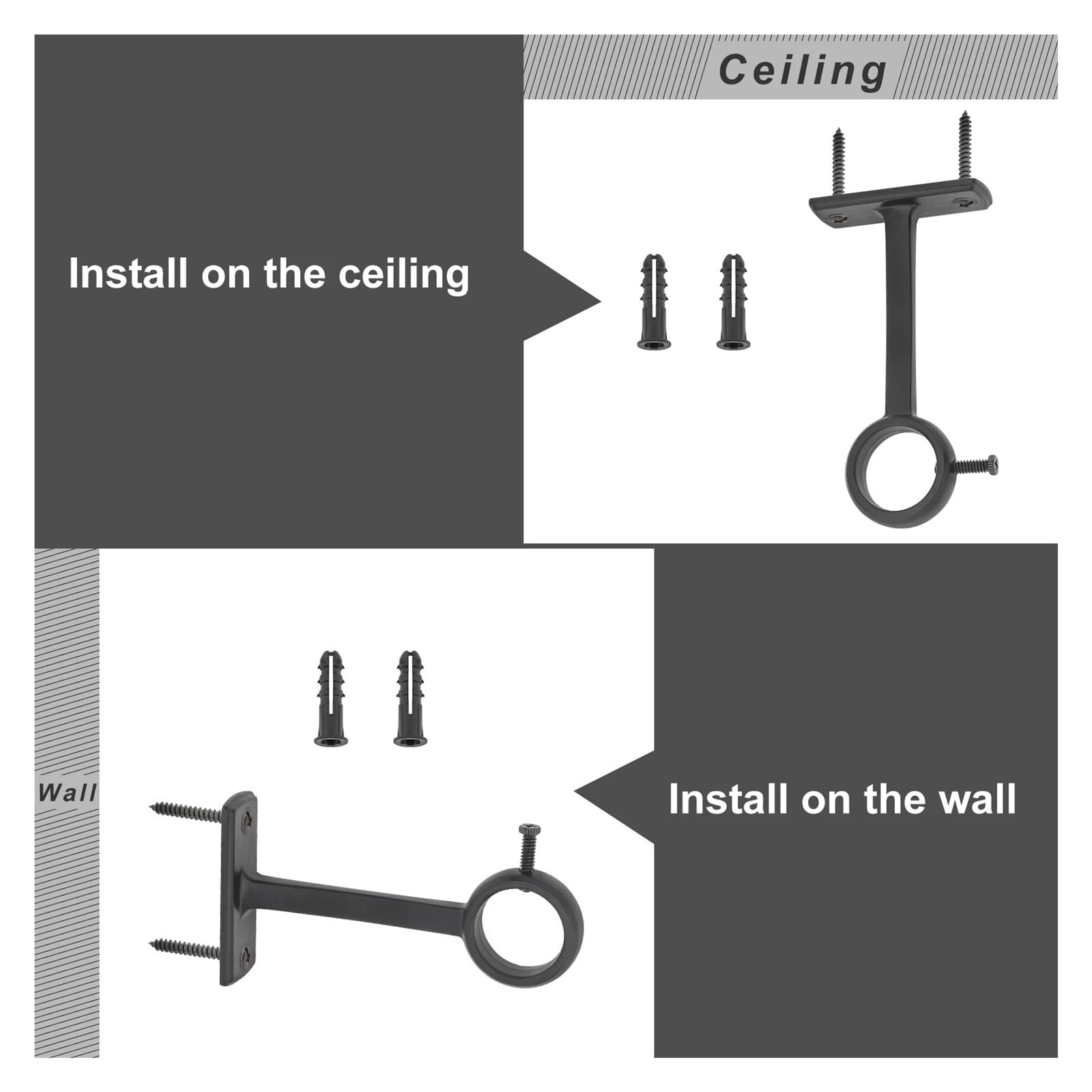 Lot de 4 supports de tringle à rideaux robustes en alliage d'aluminium à trou unique avec vis réglables pour salle de bain, balcon, cuisine