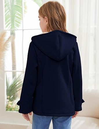 Flygo Girls Fleece Jacket Sherpa Lined Hoodie Horn Button Duffle Coat