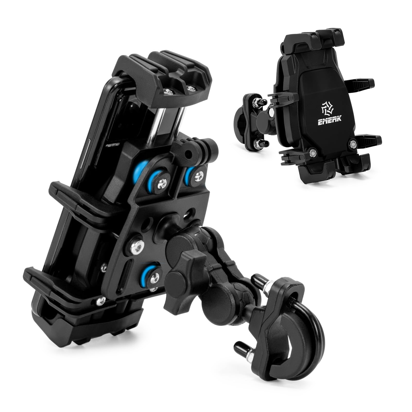 EMERK Soporte para teléfono de motocicleta con amortiguador de vibración, soporte antirrobo para teléfono de motocicleta, soporte para teléfono móvil ajustable para bicicleta, bicicleta, carretera