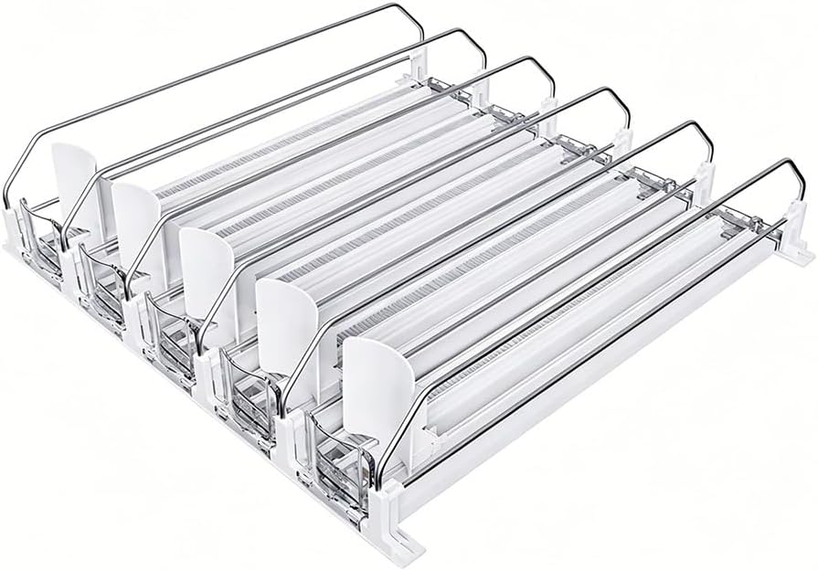 Automatic Beverage Can Dispenser, Push-Style Soda Organizer, 6PCS Sliding Refrigerator Storage Rack, Efficient Drink Organizer for Cans, White, 340x75x80mm