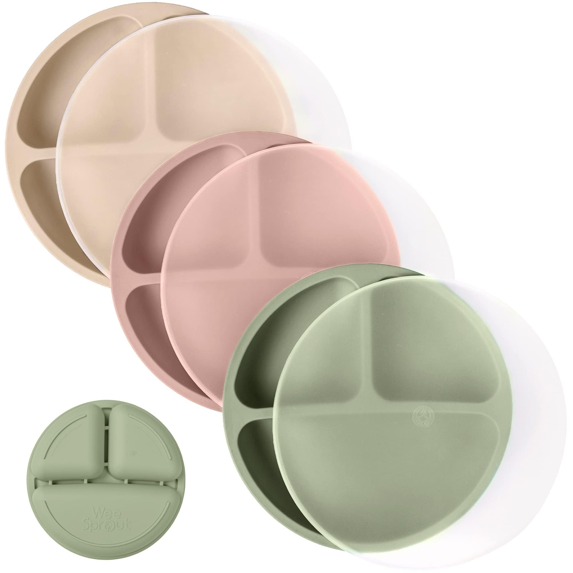 WeeSprout Silicone Plates with Lids for Babies &amp; Toddlers (3 Pack) 100% Food-Grade Dishes for Self Feeding, Divided Design &amp; Raised Edges for Picky Eaters, Dishwasher &amp; Microwave Safe Weaning Supplies