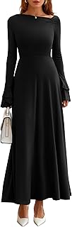 Womens Dresses Formal Off The Shoulder Long Sleeve Ruched Knit A-Line Maxi Wedding Guest Dress Fall Clothes