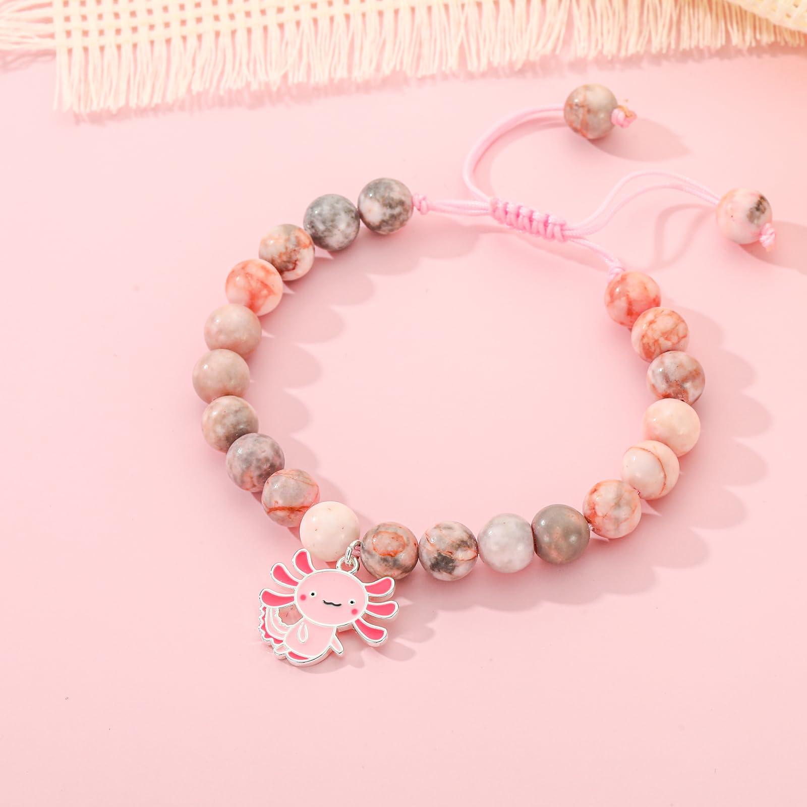 Aretas Axolotl Armbänder für Mädchen Kinder Rosa Perle und Strass Kugeln/Rosa Naturstein Armband mit Axolotl Anhänger Cute Stuff Kleine Schmuck Süße Sachen kinderschmuck Geschenke für Enkelin, Tochter