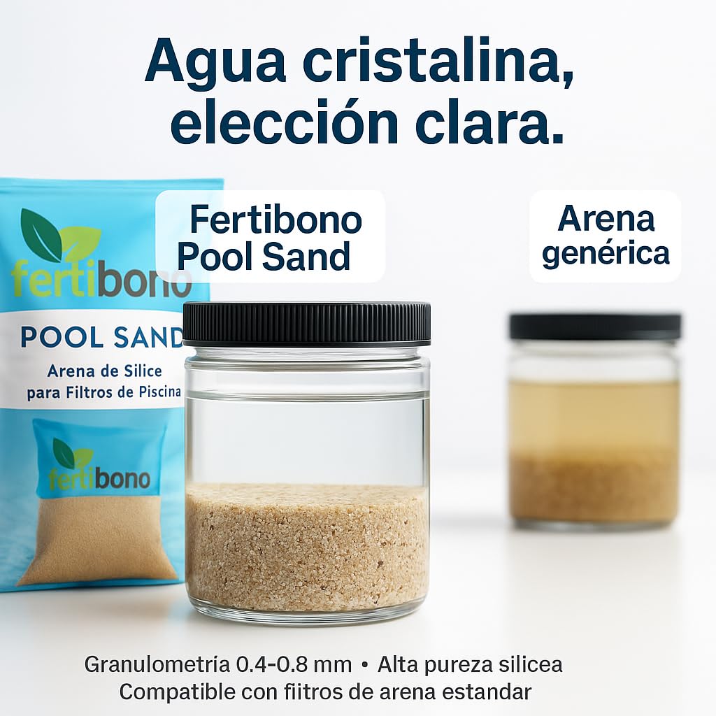 FERTIBONO Pool Sand – Arena de Sílice para Filtros de Piscina 0,4–0,8 mm – Alta Pureza 99% – Agua Cristalina Todo el Verano – Saco de 25 kg