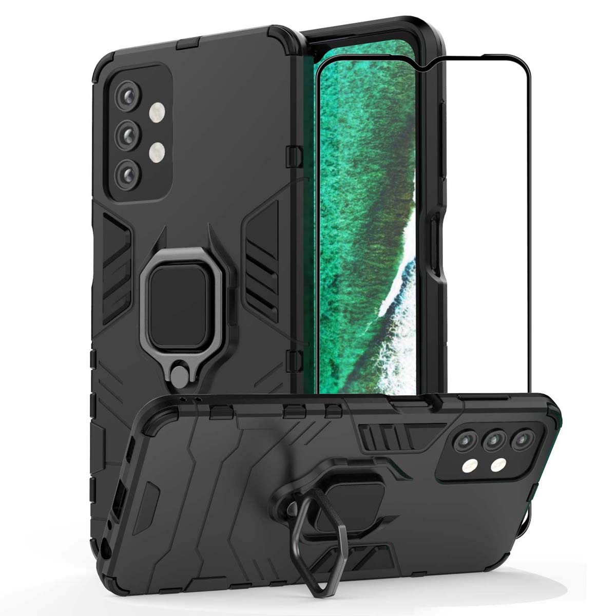 Case for Samsung Galaxy A32 5G with Tempered Glass Screen Protector,Hybrid Heavy Duty Protection Shockproof Defender Kickstand Armor Case Cover,Black