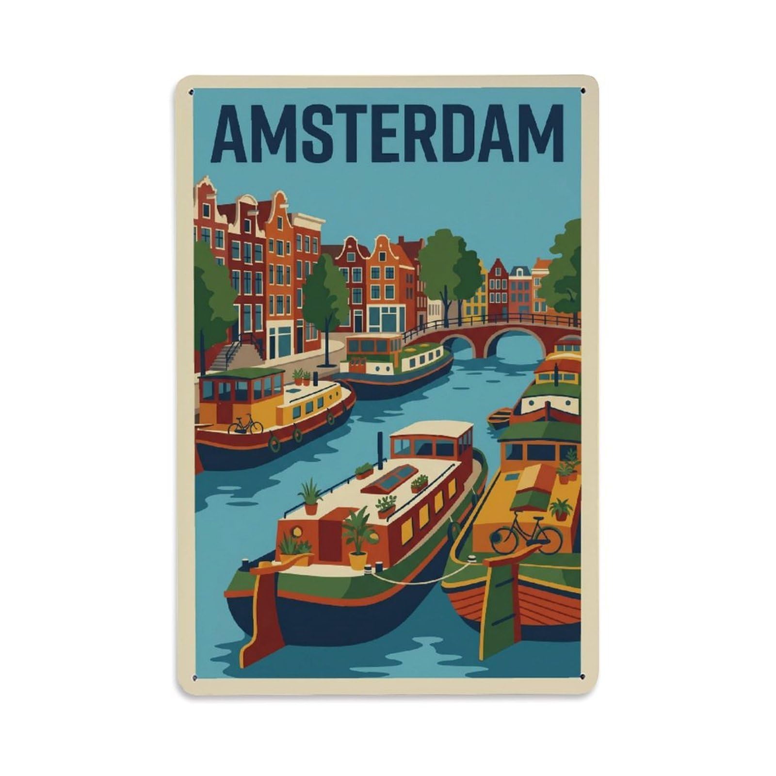 Amsterdam Houseboats Waterway Classic Tourism Canal Metal Tin Sign Plaque Wall Decor for Cafe, Man Cave, Club Bar, Office, Home Garden Round Metal Poster 8x12Inch