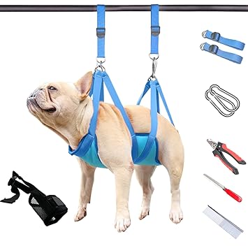 VESEOY Pet Dog Grooming Hammock Harness for Cats & Dogs, Dog Sling for Grooming, Dog Hammock Restraint Bag with Nail Clippers/Trimmer, Nail File, Pet Comb,Ear/Eye Care (S, Blue)