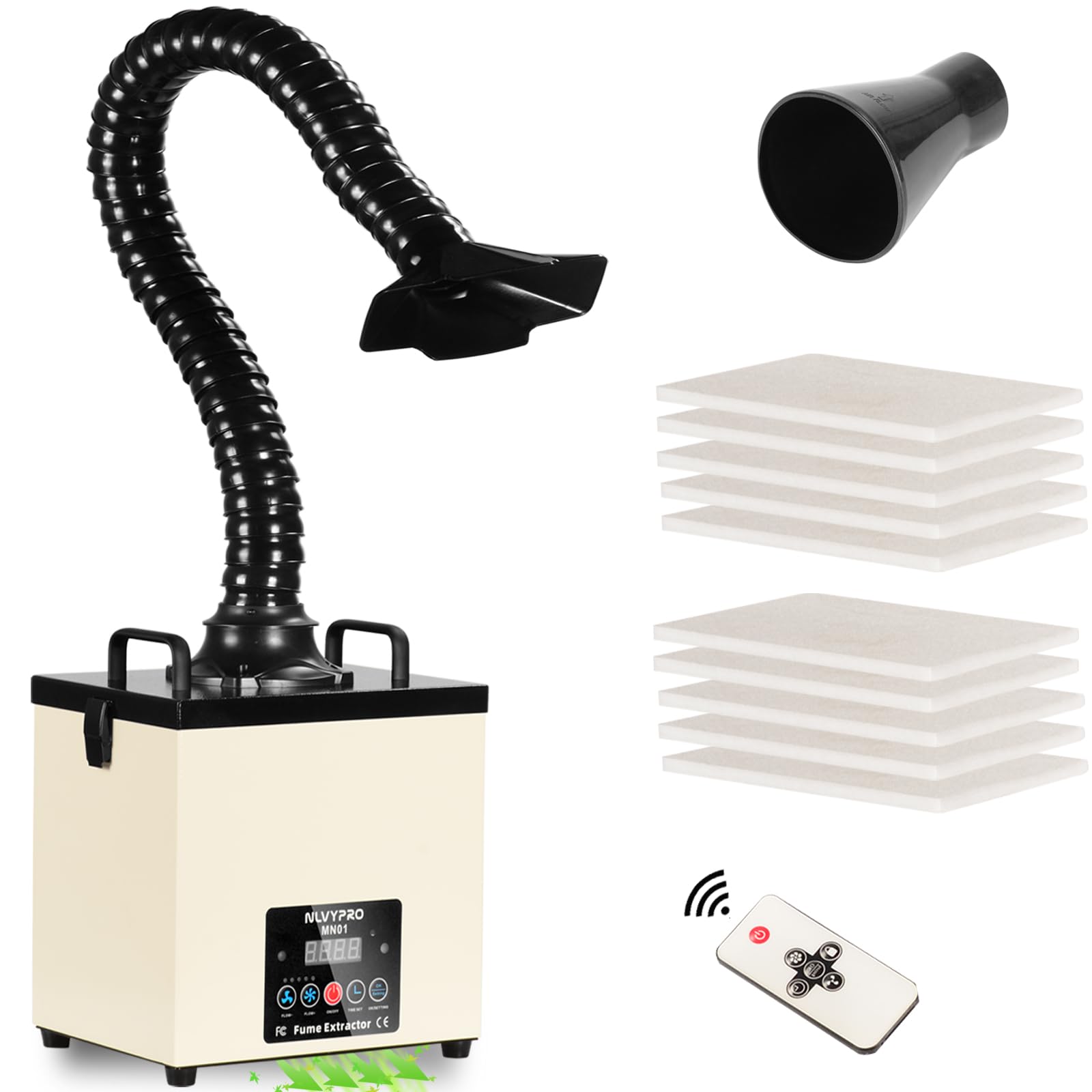 Fume Extractor Flow Rate 255m³/h Power 105W,LCD Display,Remote Control,3-Layers Filtration System With 13 Filters,Suitable for Nail Salon Desktop Soldering Fume Extraction and Absorption