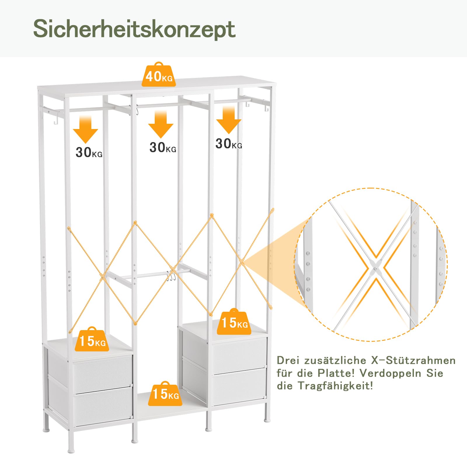 Schlafzimmer Kleiderschrank, Stoffschubladen & Hängeregale， Weiß