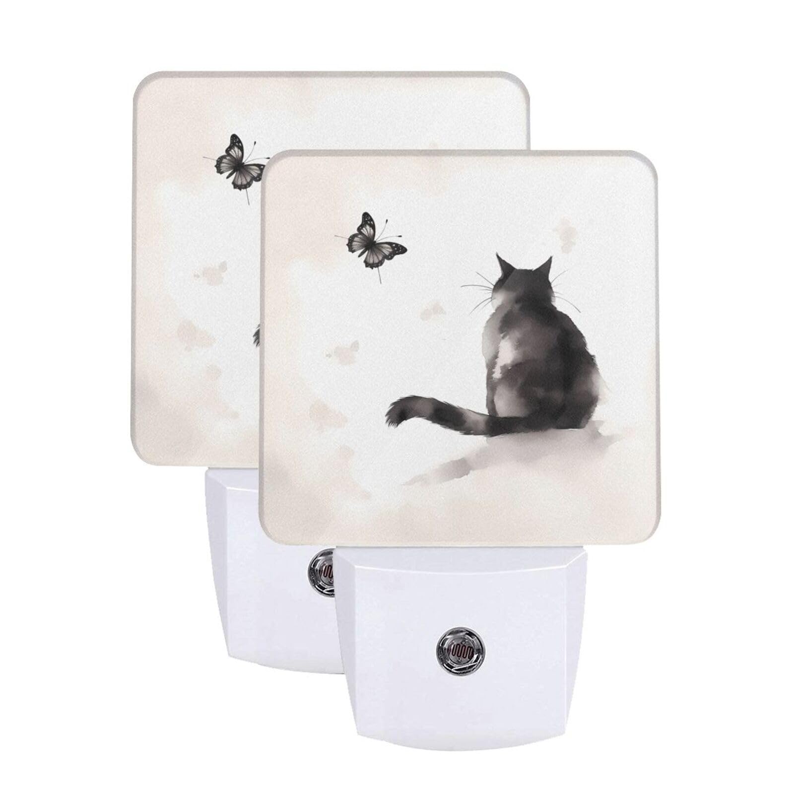 Aieefun Set of 2 Led Night Lights Black Cat Butterfly Vintage Painting Auto Dusk-to-Dawn Sensor Night Lamp Plug-in