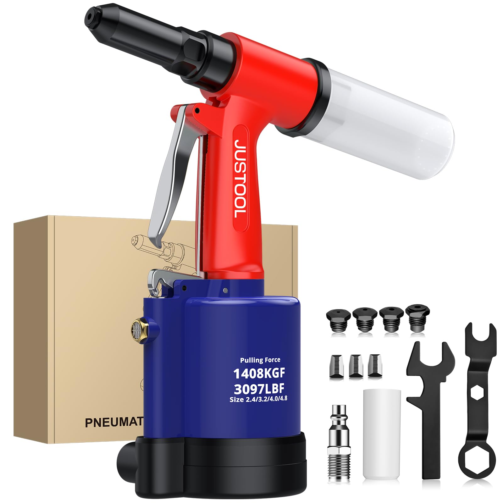 JUSTOOL Heavy Duty Pneumatic Rivet Gun 3097lbs Air Rivet Gun Set, with Air Riveter 2.4mm(3/32")，3.2mm (1/8")，4mm (5/32")，4.8mm (3/16")