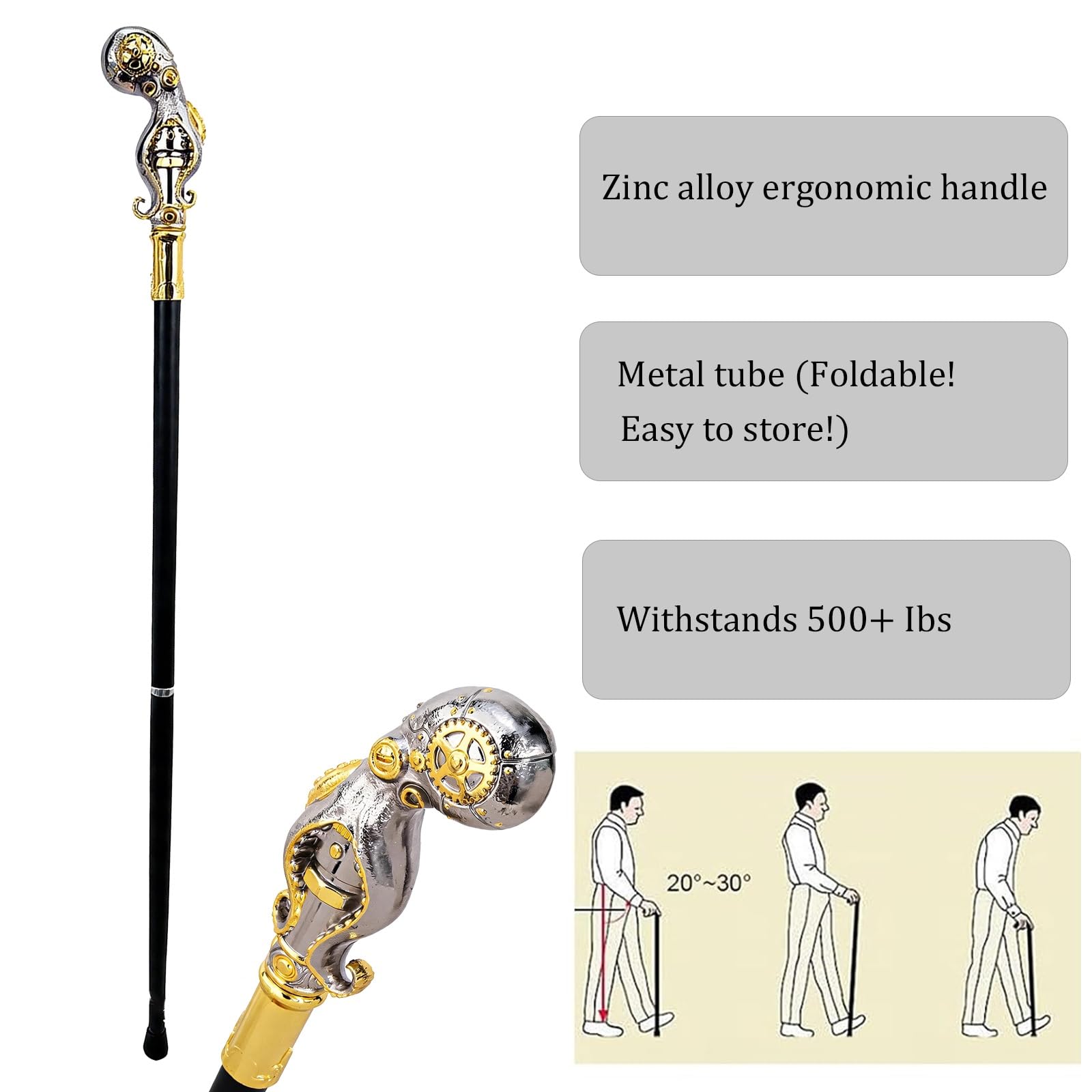 Bastone da Passeggio Meccanico a Forma di Polpo, Bastone Amovibile per Uomo | 37 pollici, portata 500 libbre, antiscivolo, impugnatura ergonomica, per feste in stile cosplay e vintage