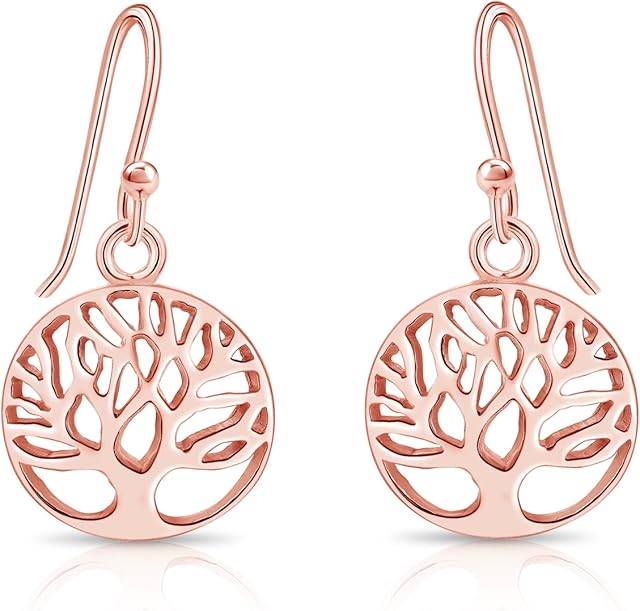DTPsilver® 925 Sterling Silver, Yellow or Rose Gold Plated Drop/Dangle Hook Tree of Life Earrings - Diameter: 13 mm - Dimensions: 13 x 26 mm