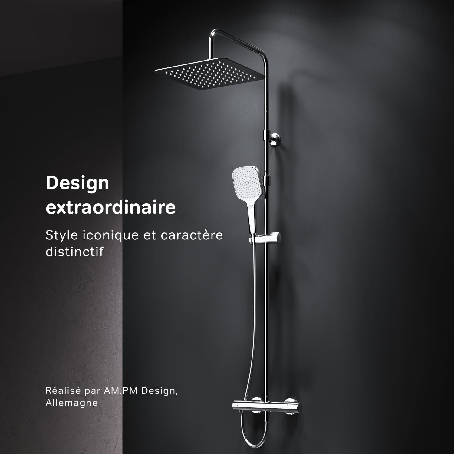 AM.PM X-Joy Duschsystem mit Thermostat & Wanneneinlauf, Komplettes Duschset mit Regendusche 30 cm & Handbrause, höhenverstellbare Duschsäule 103–146 cm, Brauseschlauch 1750 mm, Chrom, Anti-Kalk