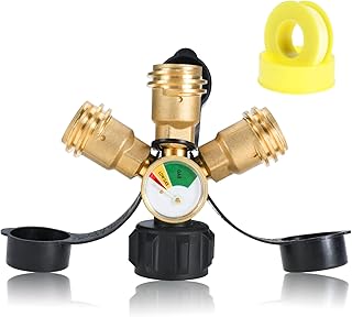 SanSanYa 3 Way Propone Splitter Propane Tank 3 Way Splitter QCC/POL Y Splitter Propane Hose Adapter with Gauge and Shut-Off Valve for Camper RV BBQ Grills Camping Stoves