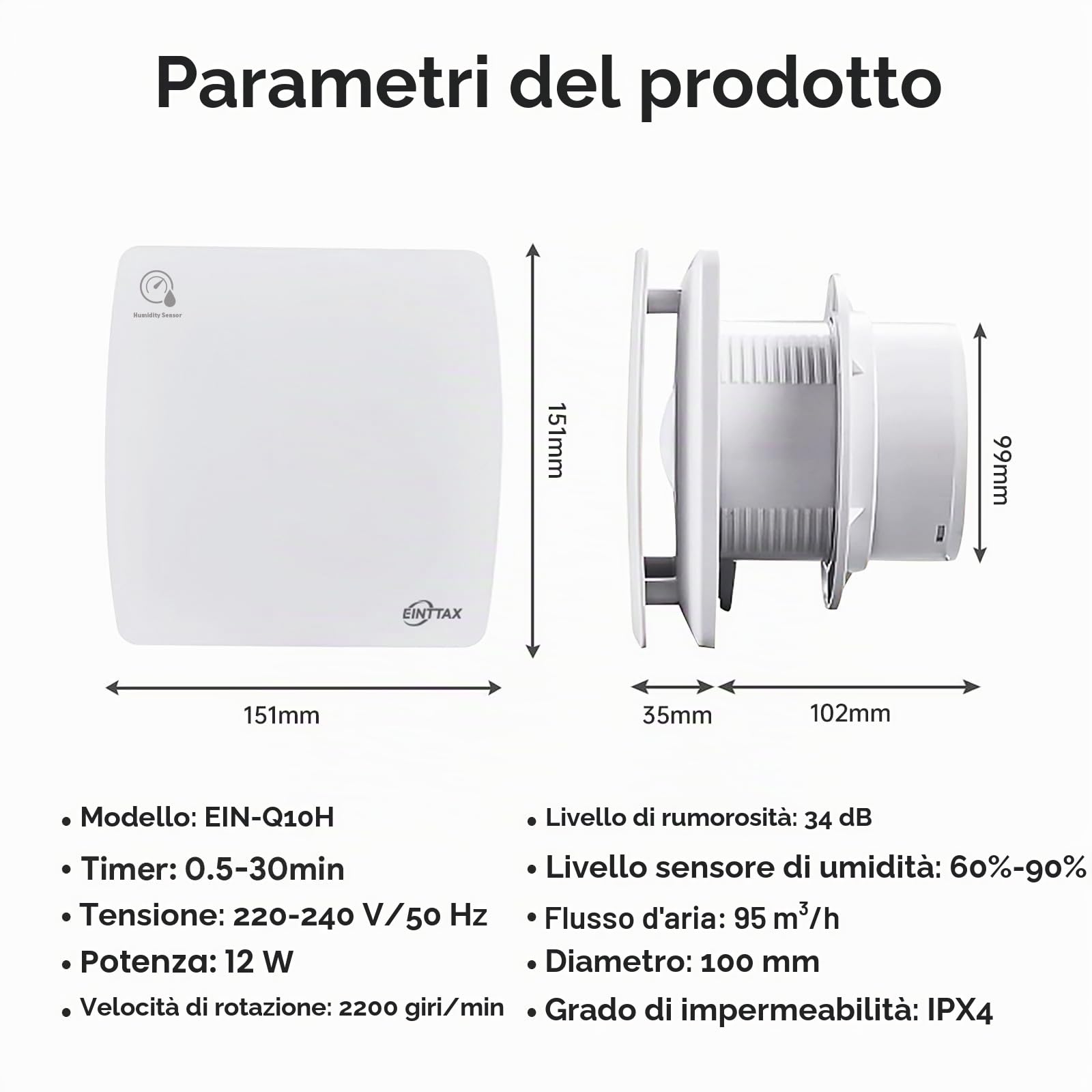 Ventola aspirante silenziosa per bagno, 100 mm, con sensore di umidità e timer, bianco, quadrato, 95 m³/h, da parete/finestra, per cucina, doccia, WC, 12 W, 34 dB