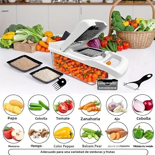 Miniatura 2 de Solupack360 Cortador De Verduras 23 En 1 Profesional Mandolina Manual Multifuncional Con Cuchillas De Acero Inoxidable, Rallador, Espiralizador, Picadora, Pelador, Contenedor Y Accesorios
