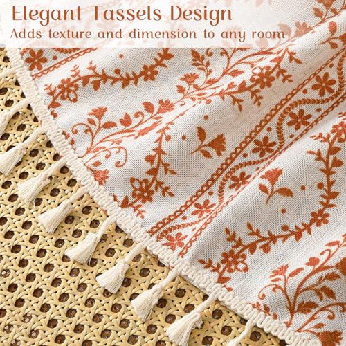 Image of Yinhua Boho Kitchen Curtains 36 Inch Length Vintage Linen Cafe Curtains Light Filtering Bohemian Floral Tier Rod Pocket Farmhouse Rustic Tassel Small Drapes with Tiebacks, 2 Panels, White Orange