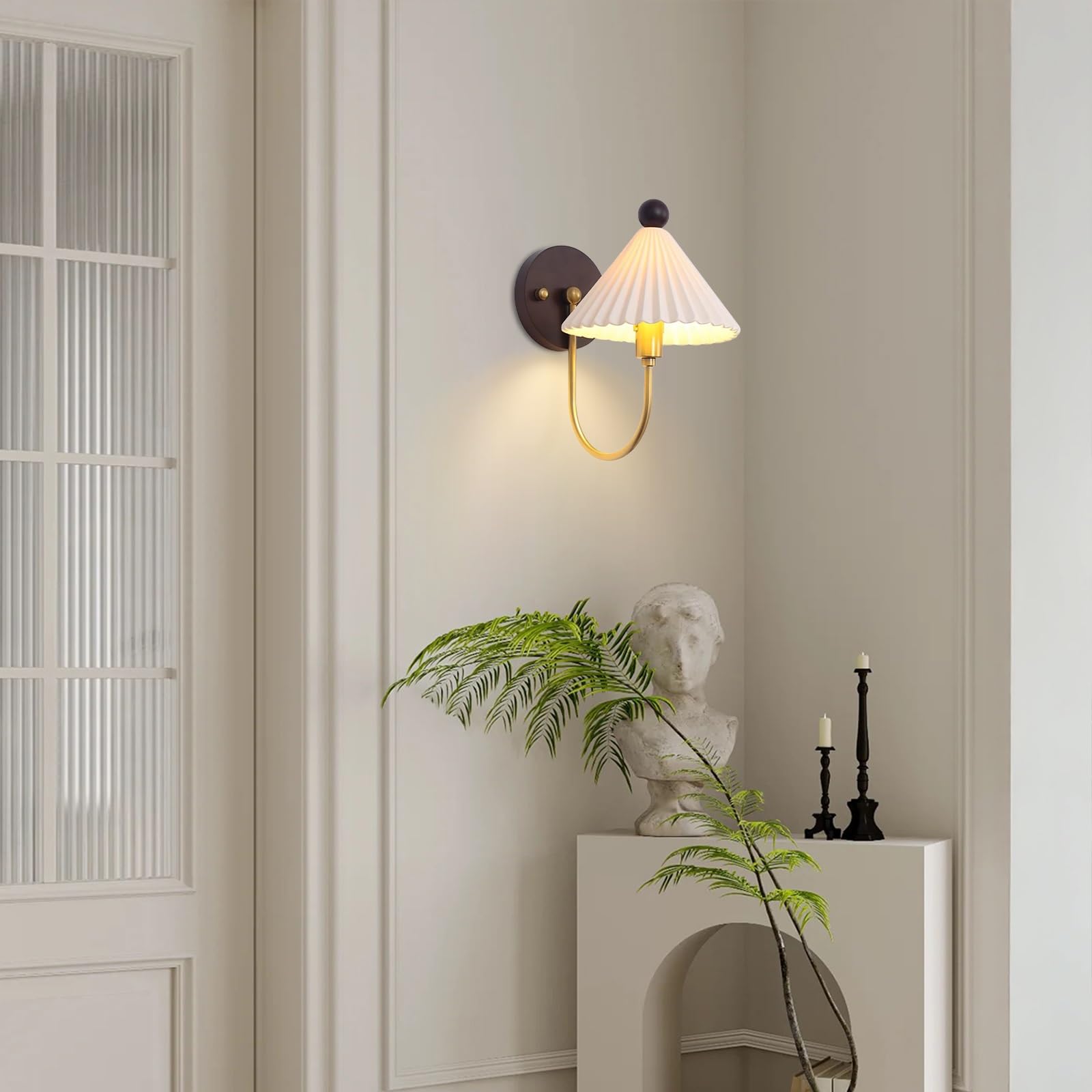 Aplique de Pared Moderno de Mediados de Siglo, lámpara de cerámica Plisada, iluminación Decorativa para Interiores, lámpara de Pared de Metal con Base Redonda de Madera, Casquillo