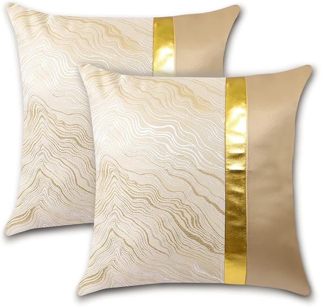 JOTOM Pack of 2 Cushion Covers 45 x 45cm Gold Patchwork Pillow Covers Abstract Striped Luxury Decorative Square Throw Pillow Cases Modern Pillowcases Cushion Cover for Couch Bed Sofa Decor(Beige A)
