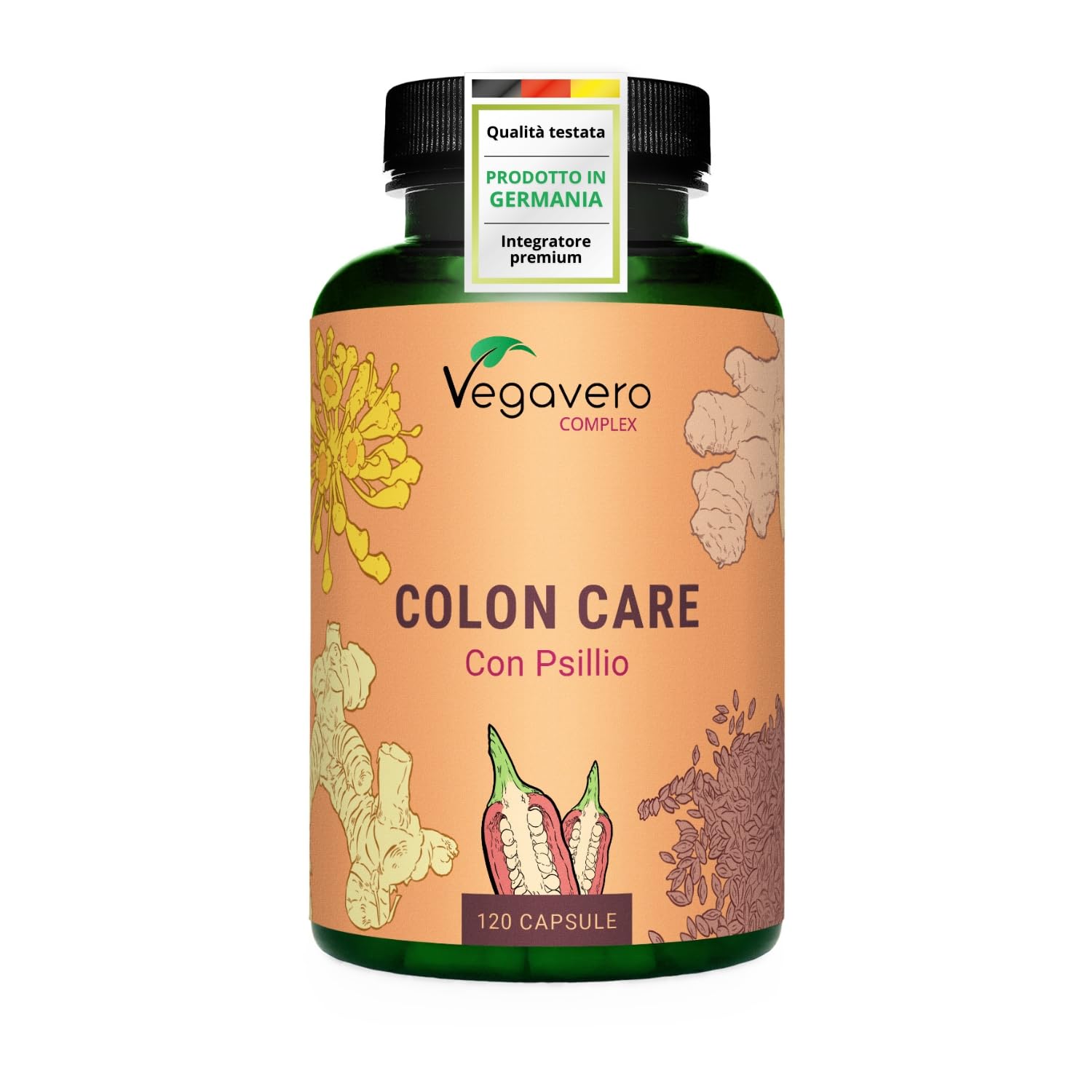 COLON CARE | 120 capsule | 100% Naturale con Psillio, Zenzero, Finocchio e Fermenti Lattici | Prodotto in Germania | Vegan e Senza Additivi | Vegavero