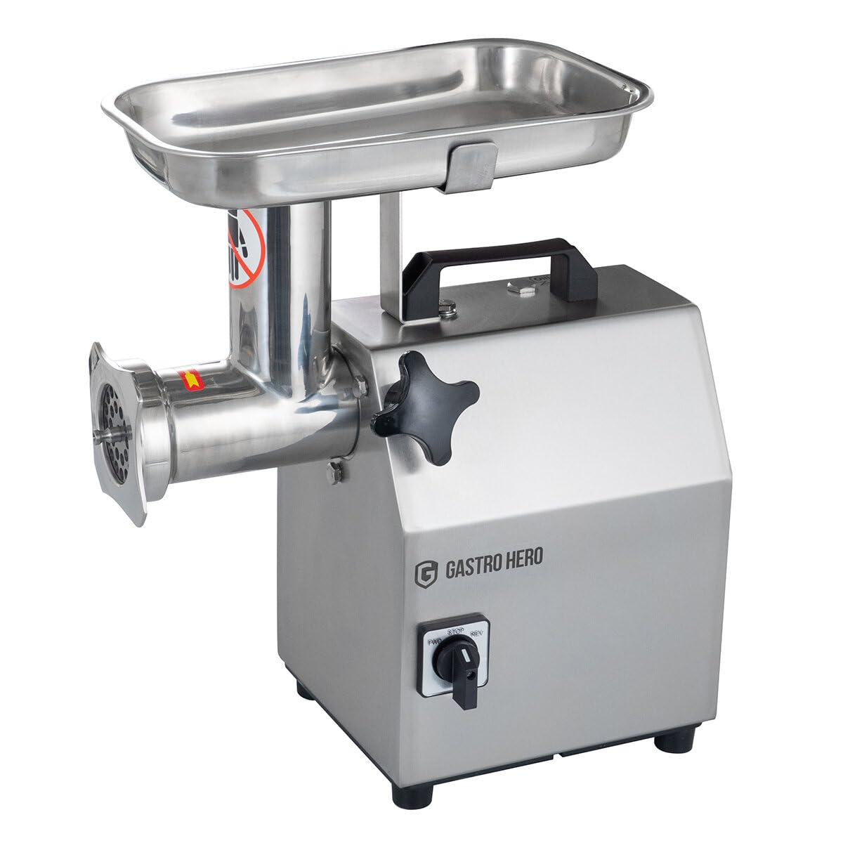 GastroHero Fleischwolf, 120 kg/Stunde, Edelstahl FWE120 | 2 Lochscheiben Ø 6 mm & Ø 8 mm, multifunktional, Hackfleisch, Pasteten oder Brotaufstriche, einfache Handhabung, 43x23x44 cm