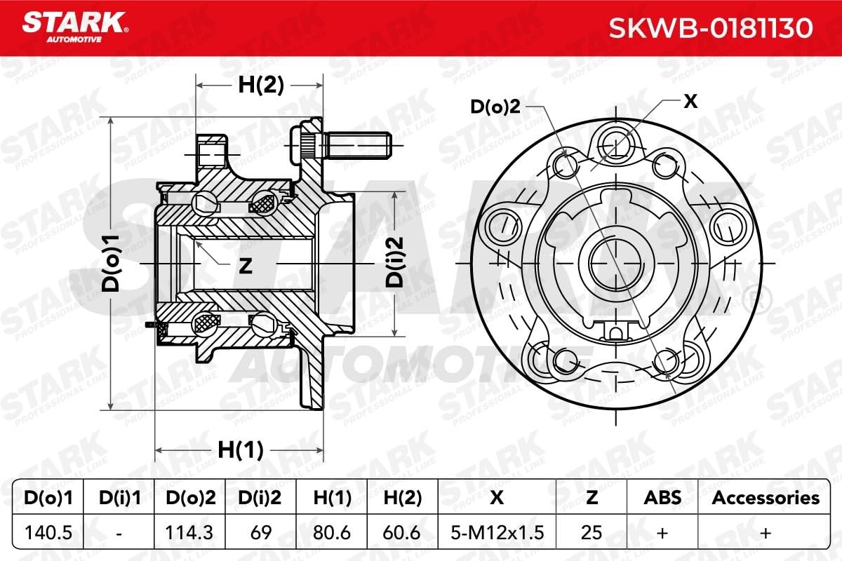 Łożysko Koła STARK SKWB-0181130 Tylne Lewe Tylne Prawe Tył Łożysko stożkowe kulkowe 78mm 140,5mm Kompatybilny z PEUGEOT 4008 SUV, MITSUBISHI Outlander II SUV CWW