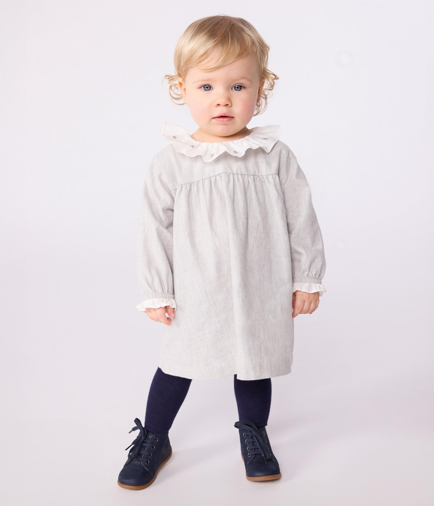 Petit Bateau Flanelowa sukienka dziecięca z długim rękawem i kołnierzykiem