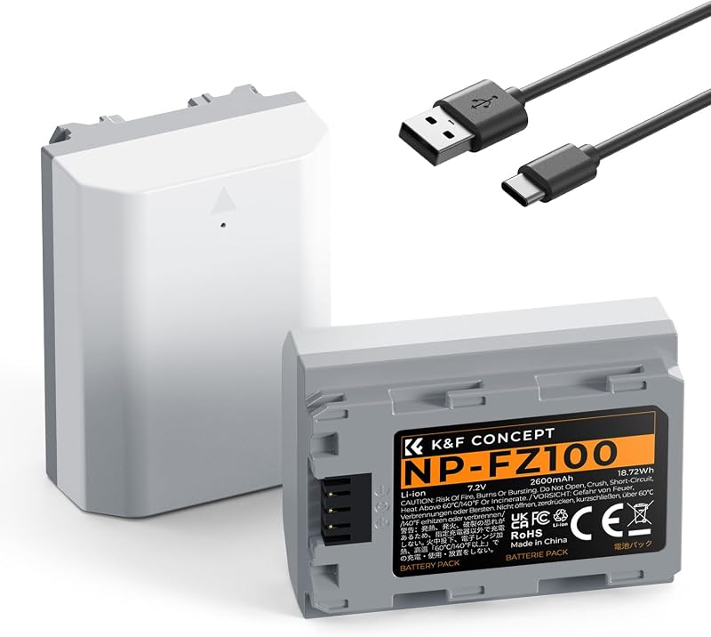 2600mAh NP-FZ100 Battery, 2-Pack USB-C A7iii Battery Compatible with Sony A7iv, A7iii, A7C, A6600, A6700, FX3, FX30, ZV-E1, A9, Alpha 9, Alpha 9S, A9S, A7RIII, A7RIV, A7RV, A7Siii Cameras