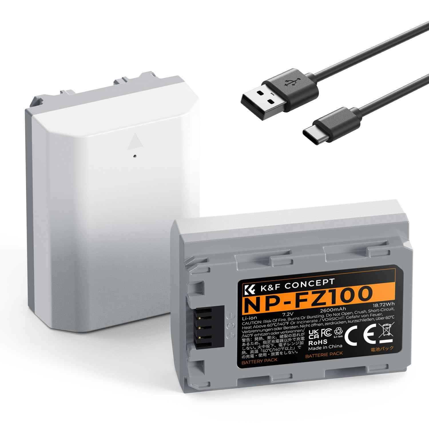 K&F CONCEPT NP-FZ100 2X2600mAh Batería Compatible con Sony A7iii, A7iv, fx3, fx30, A6700, A7R, A9, A6600, A7Riii, A7Riv, A7R3, A7C, ZV-E1, ZV-E10ii y más, Conector de Carga Rápida Directa Type C