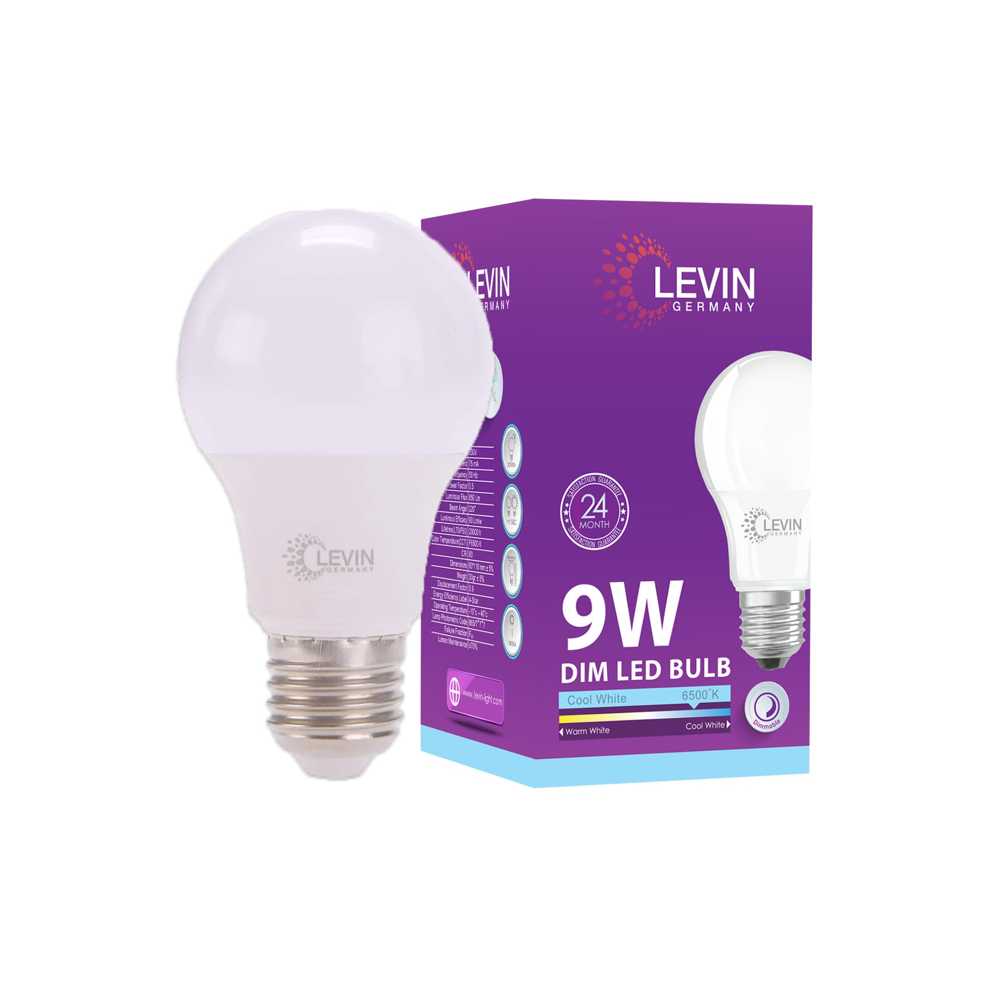 LEVINGermany Dimmable A60 E27 LED Bulb, 9W, 850LM, Daylight White 6500K, CRI>80, Energy-Saving, 220-240Vac, Long-Lasting Performance, 2 Years warranty