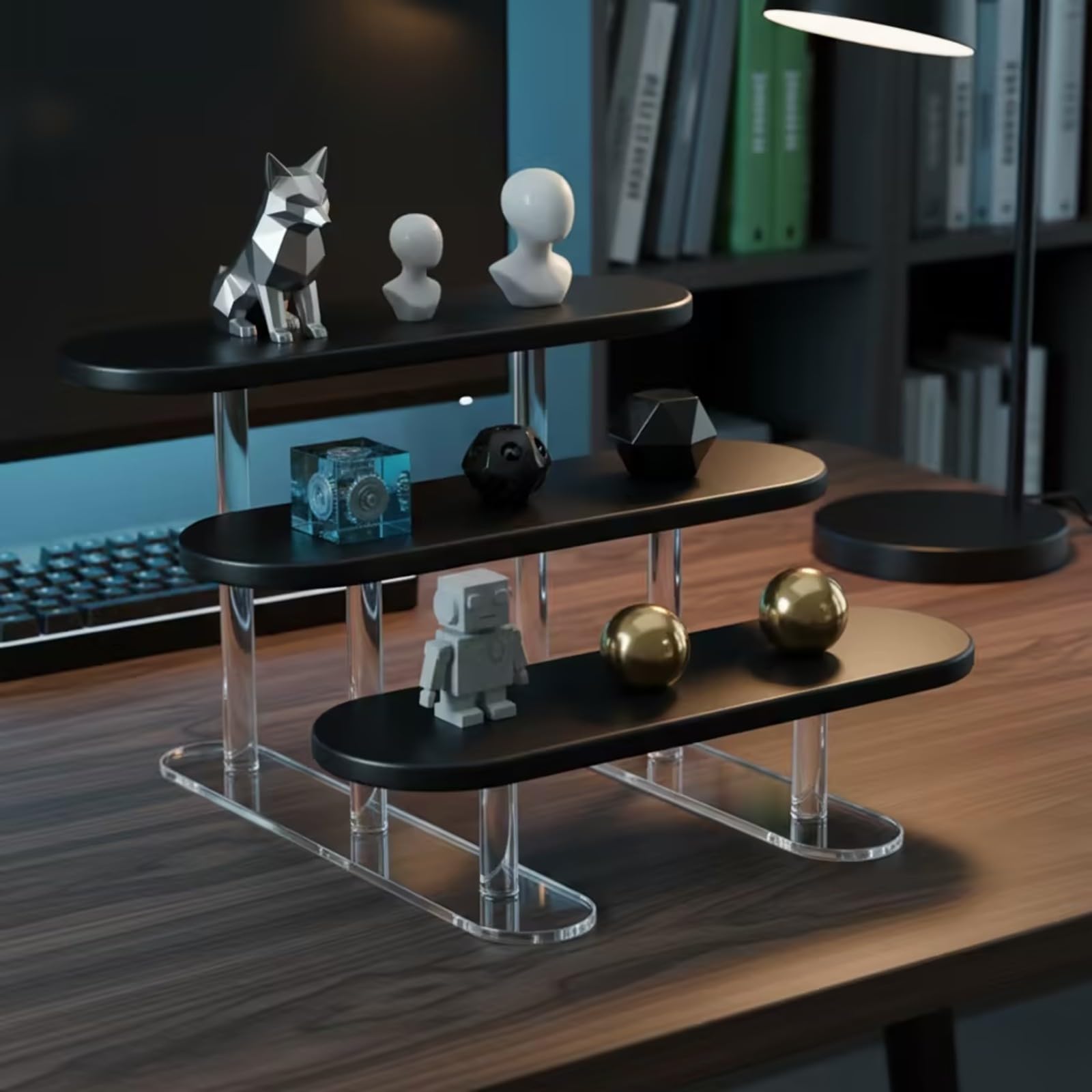 MagiDeal Présentoir à Figurines Stable aspect bois, Compact, Présentoir à 3 Niveaux, pr Bureau , Noir