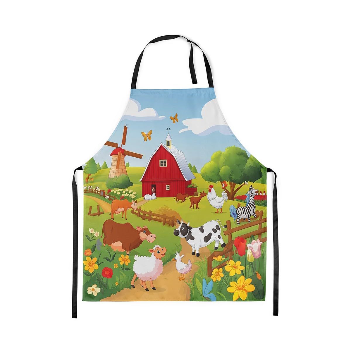 Homewish Cartoon Farm Animals Kitchen Apron 78x66cm,Cows Sheep Chickens Zebras Print Aprons Nature Cooking Apron,Flowers Butterfly Chef Apron,Rustic Farmhouse Bib Apron