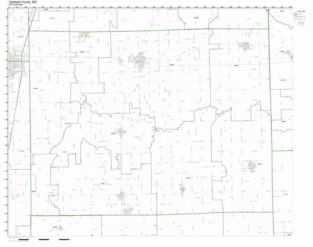 Caldwell County, Missouri MO ZIP Code Map Not Laminated
