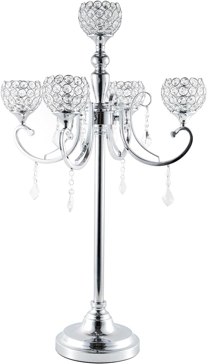 Wocadle Silver Centerpiece Table Decorations,5 Arm Crystal