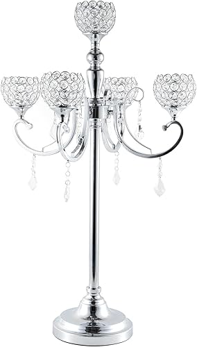 Wocadle Centros de mesa de candelabro de cristal plateado de 5 brazos, 32 pulgadas, portavelas de metal para Halloween, boda, fiesta, cena,
