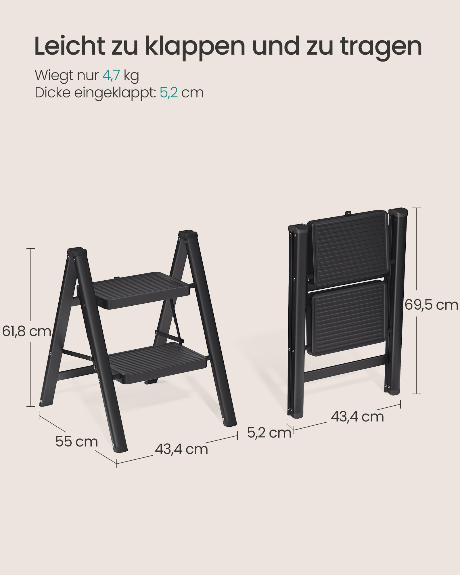 SONGMICS Trittleiter, Tritthocker klappbar, Klappleiter 2 Stufen, bis 150 kg belastbar, Leiter, aus Stahl, einfach zu verstauen, für Haushalt Büro, schwarz, 55 x 43,4 x 61,8 cm GSL102BZ01