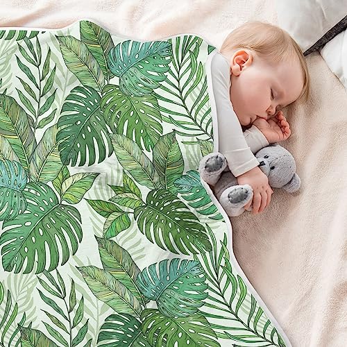 Image of Swaddle Blanket for Green Palm Tree Leaves Baby Receiving Blanket Muslin Baby Swaddles Soft Cotton Breathable Nursery Blankets for Unisex Boys and Girls 30x40 Inch