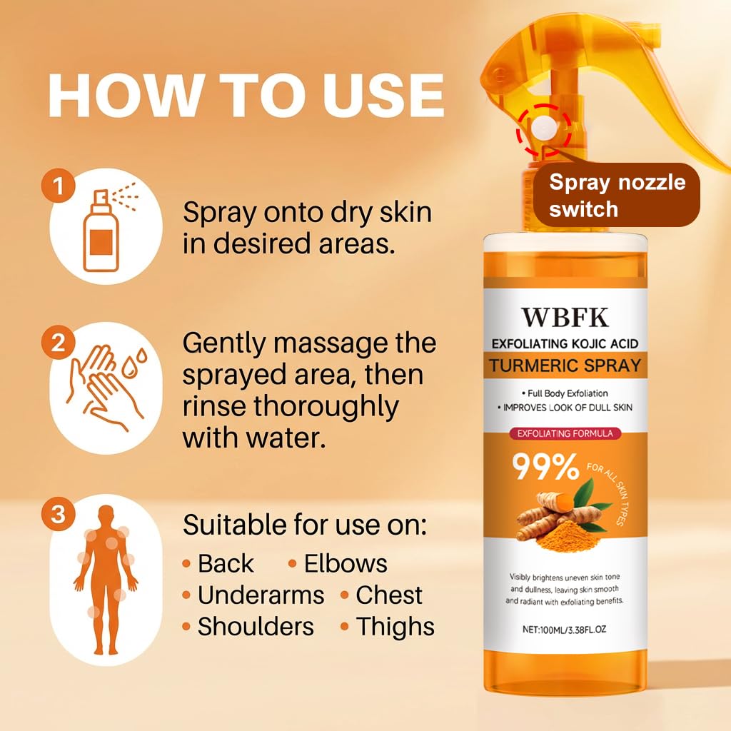 Turmeric Body Exfoliating Spray – 2 Pack Gentle Body Peel Mist to Help Remove Dead Skin and Improve Rough Texture, Suitable for All Skin Types (200ml)-2pack