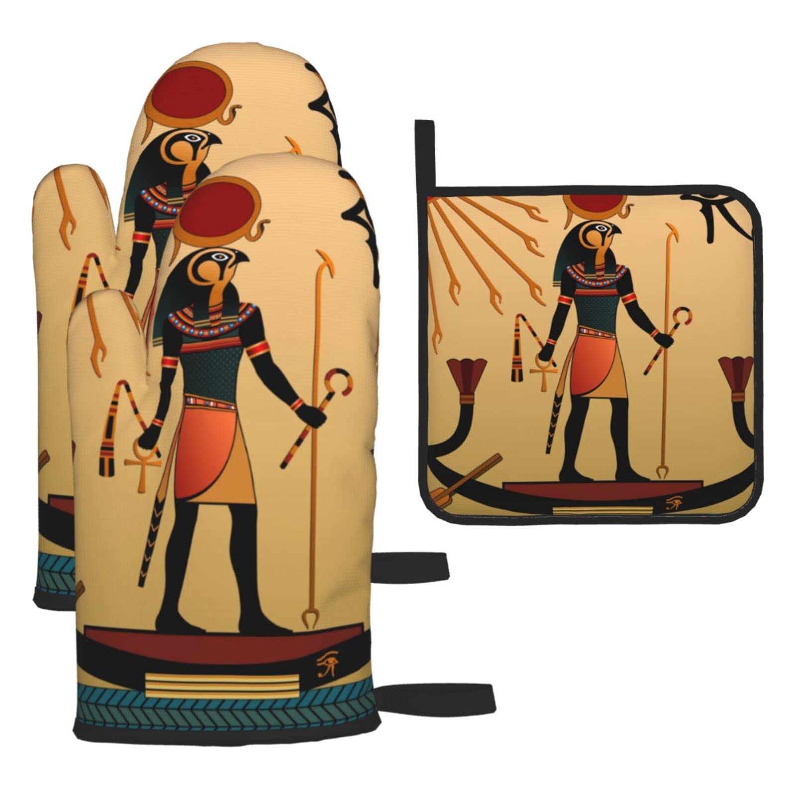 Sun Old Egyptian Timeless Grace Printed Kitchen Baking Three-Piece Heat-Resistant Thick Cotton Oven Gloves for Cooking and Baking.